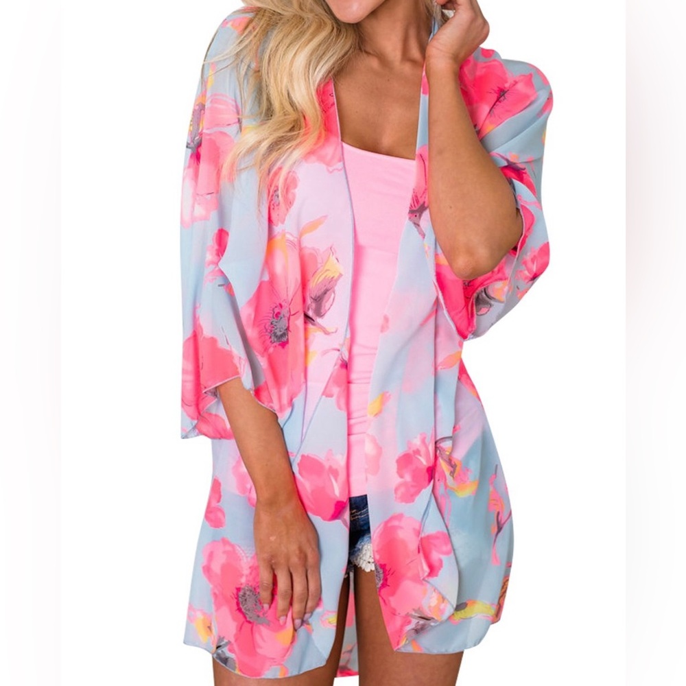 Blue Pink Floral Wrap Kimono Kaftan Open Front Cardigan Swim Coverup Pool Resort